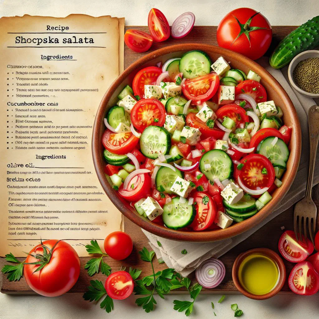 Colourful Shopska salad topped with a generous blanket of grated white cheese