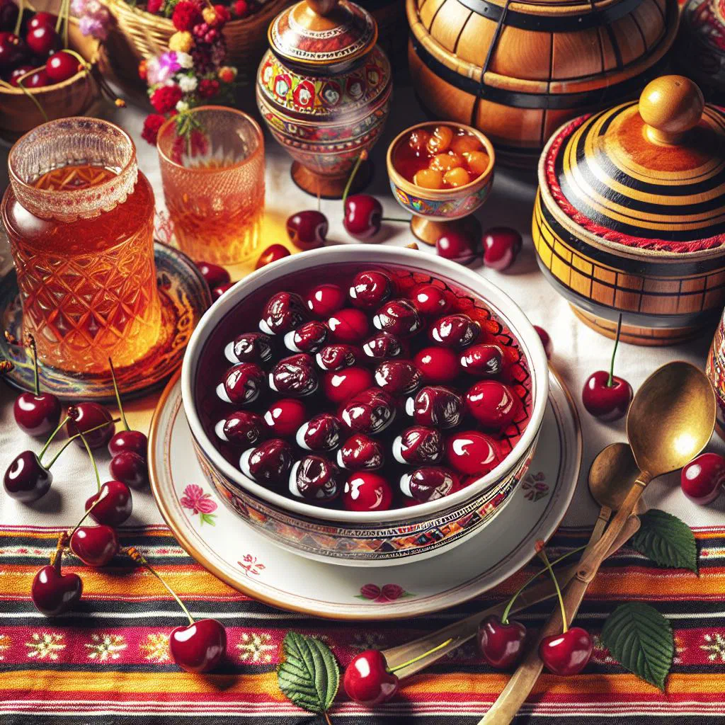 Glass jar of sour cherry preserve with whole cherries in a glossy syrup