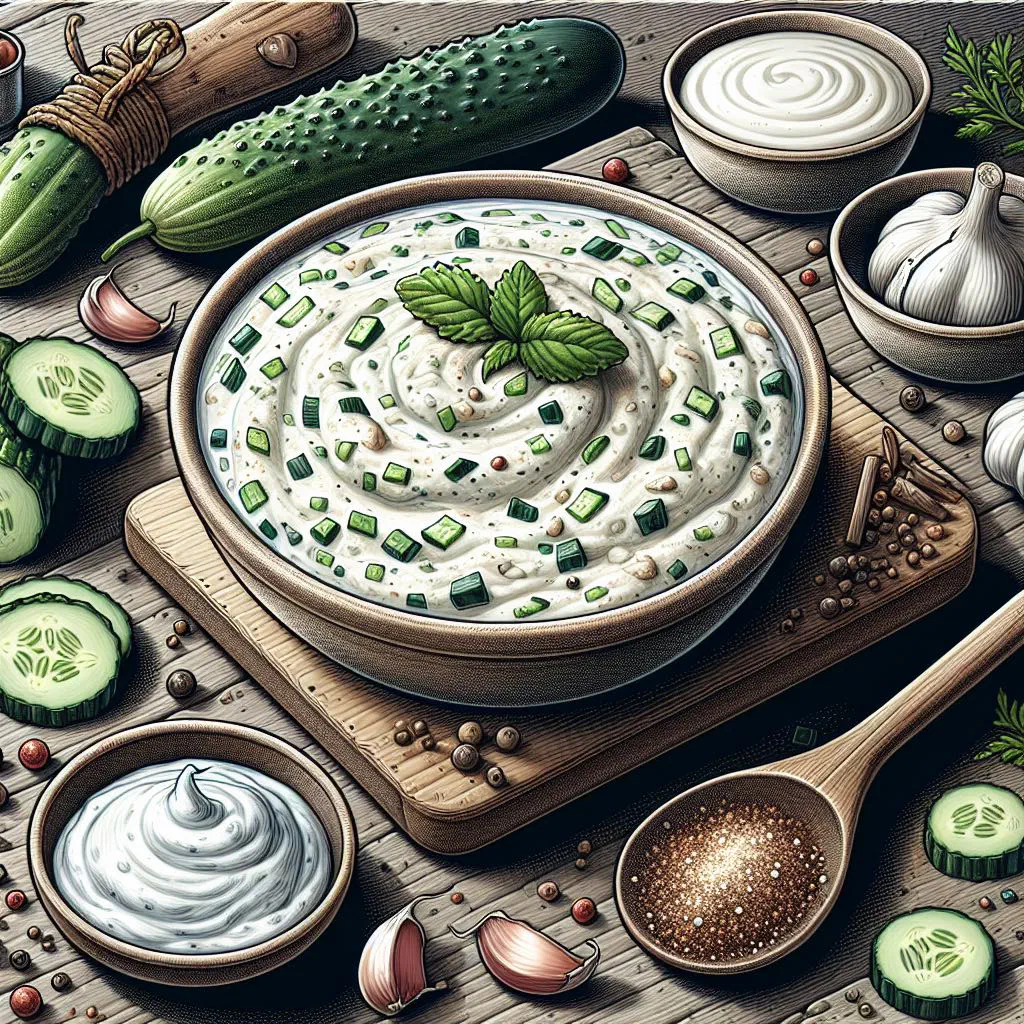 Bowl of taratur yoghurt dip garnished with walnuts and fresh herbs