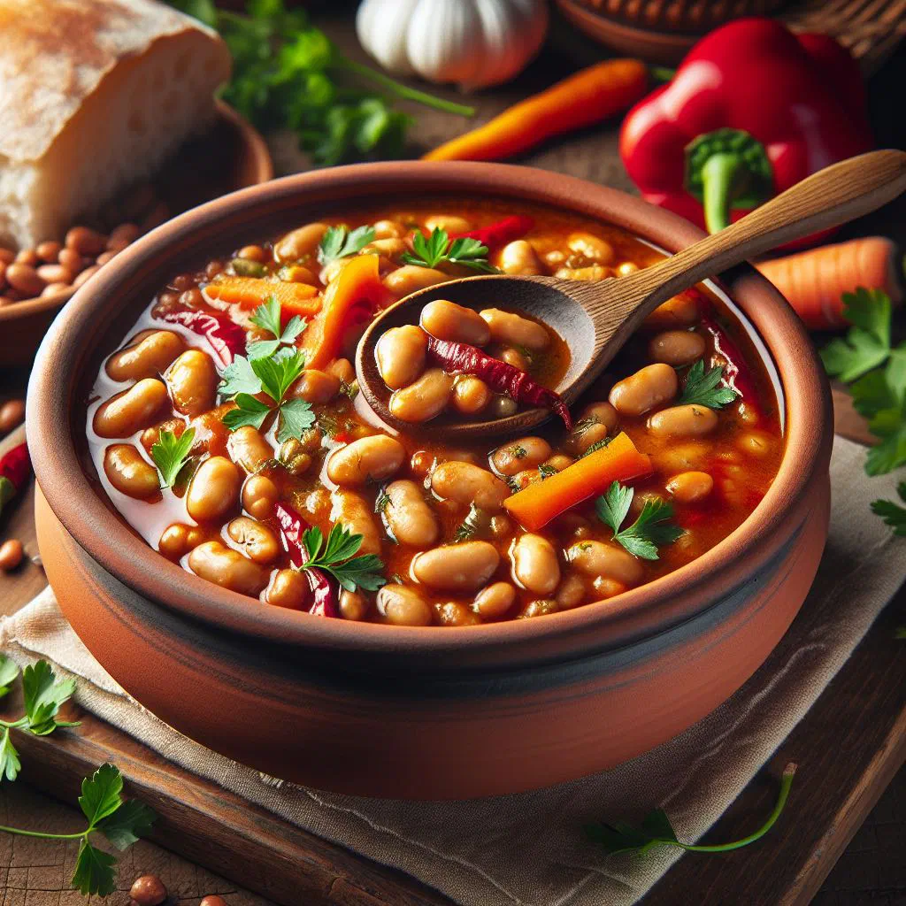 Tavče gravče baked white bean stew in a clay pan garnished with parsley