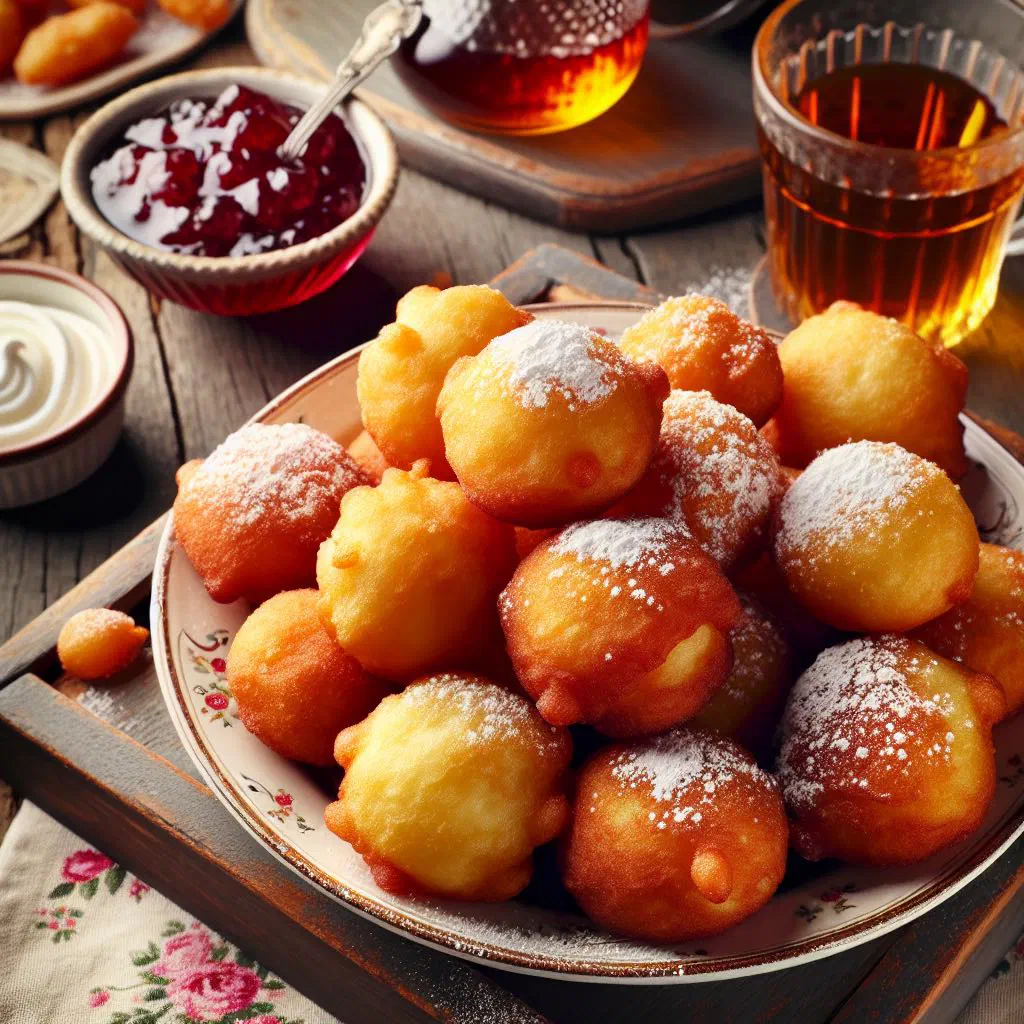 Golden fried Uštipci dough balls served with yogurt
