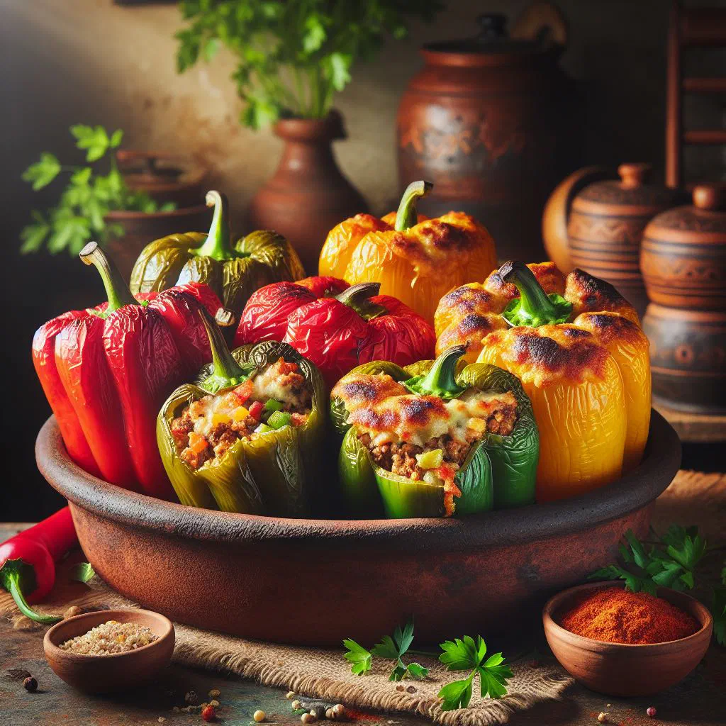 Baked stuffed peppers in tomato sauce, garnished with fresh herbs