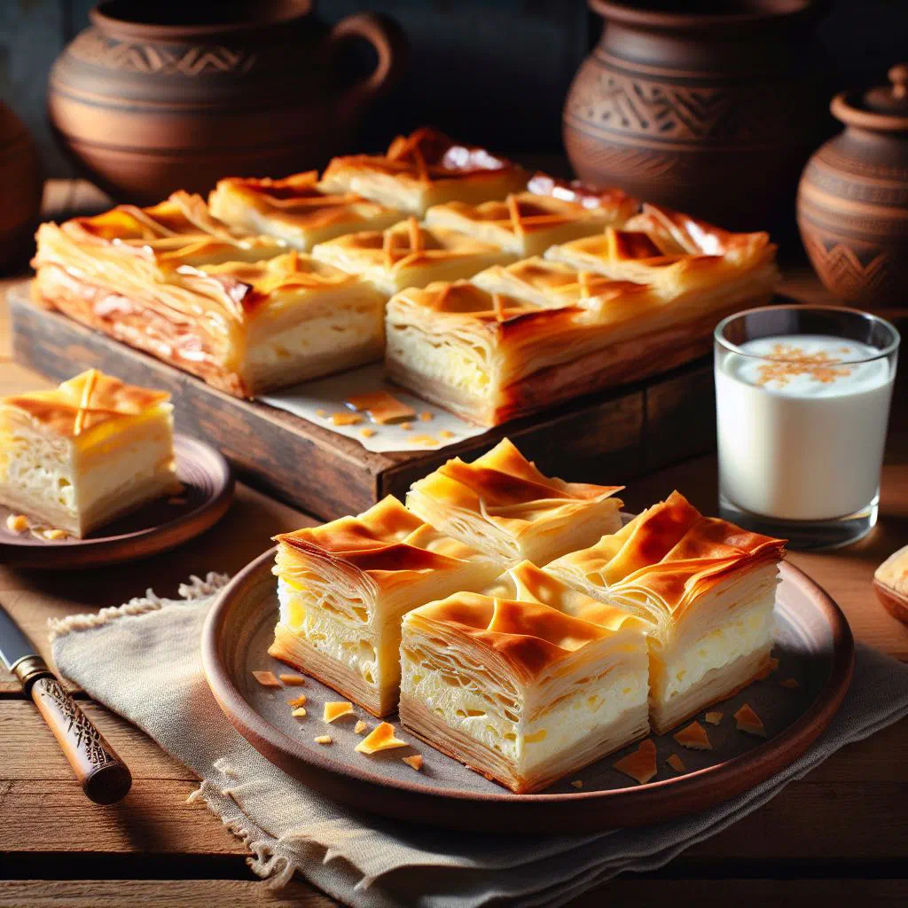 Golden-baked Macedonian cheese pastry cut into slices