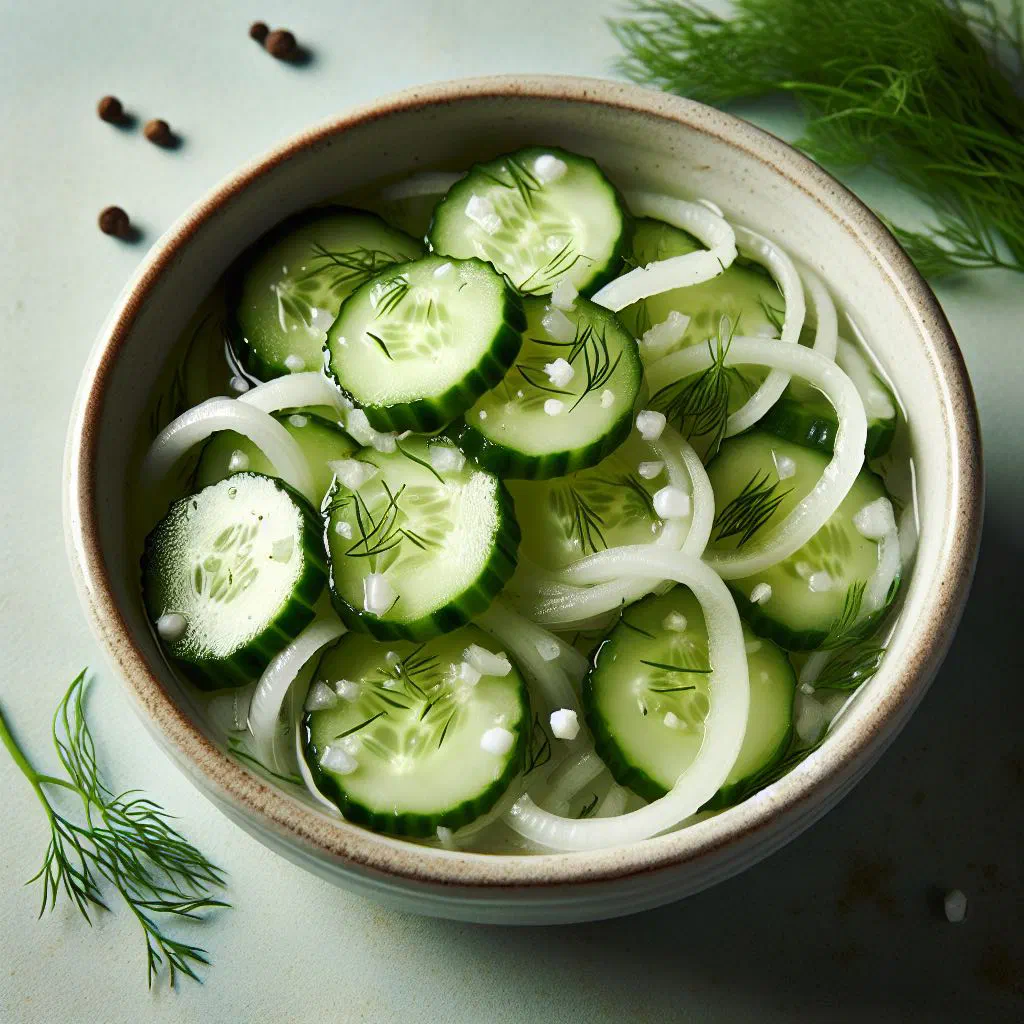 Norwegian agurksalat with thin cucumber slices and fresh dill