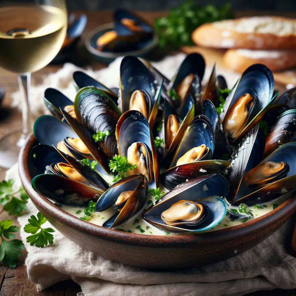 Steamed blue mussels in a white wine broth with parsley and garlic