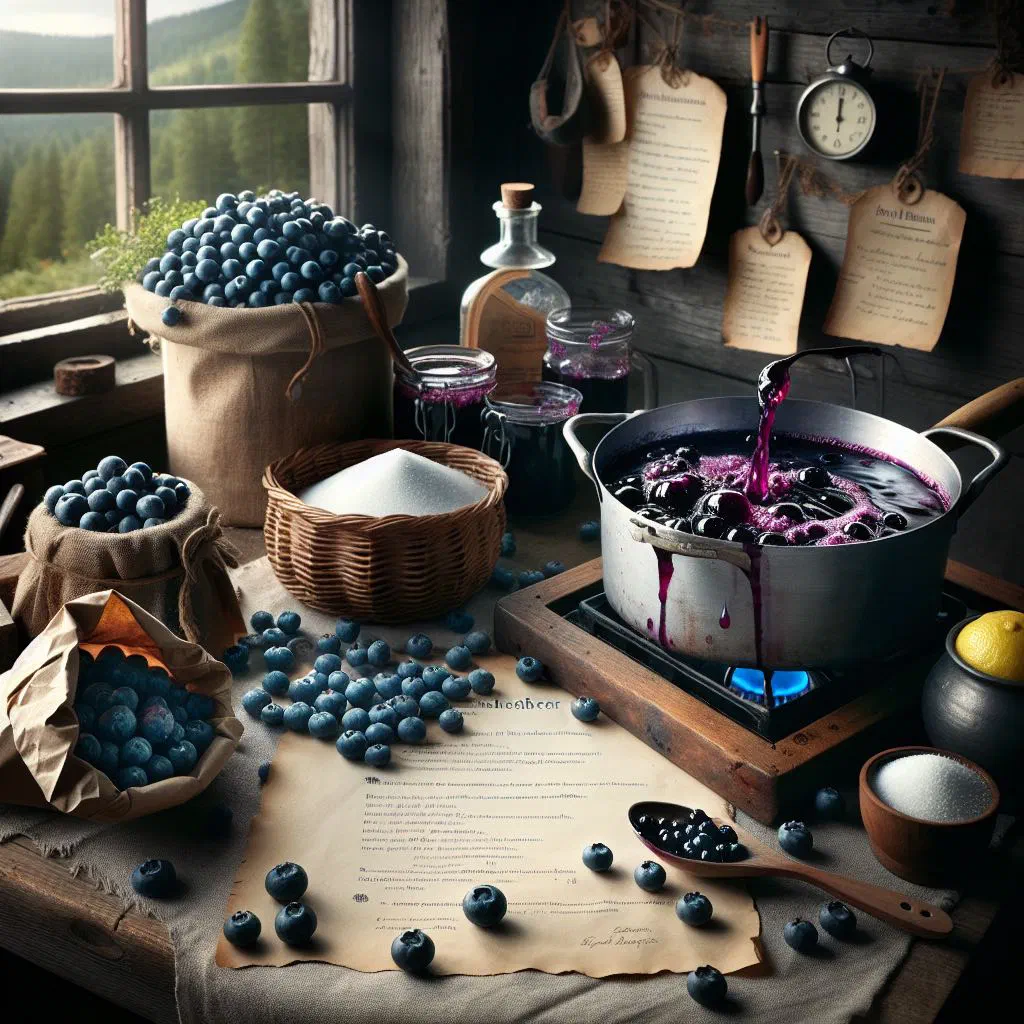 Jar of homemade Norwegian blueberry jam with fresh berries beside it