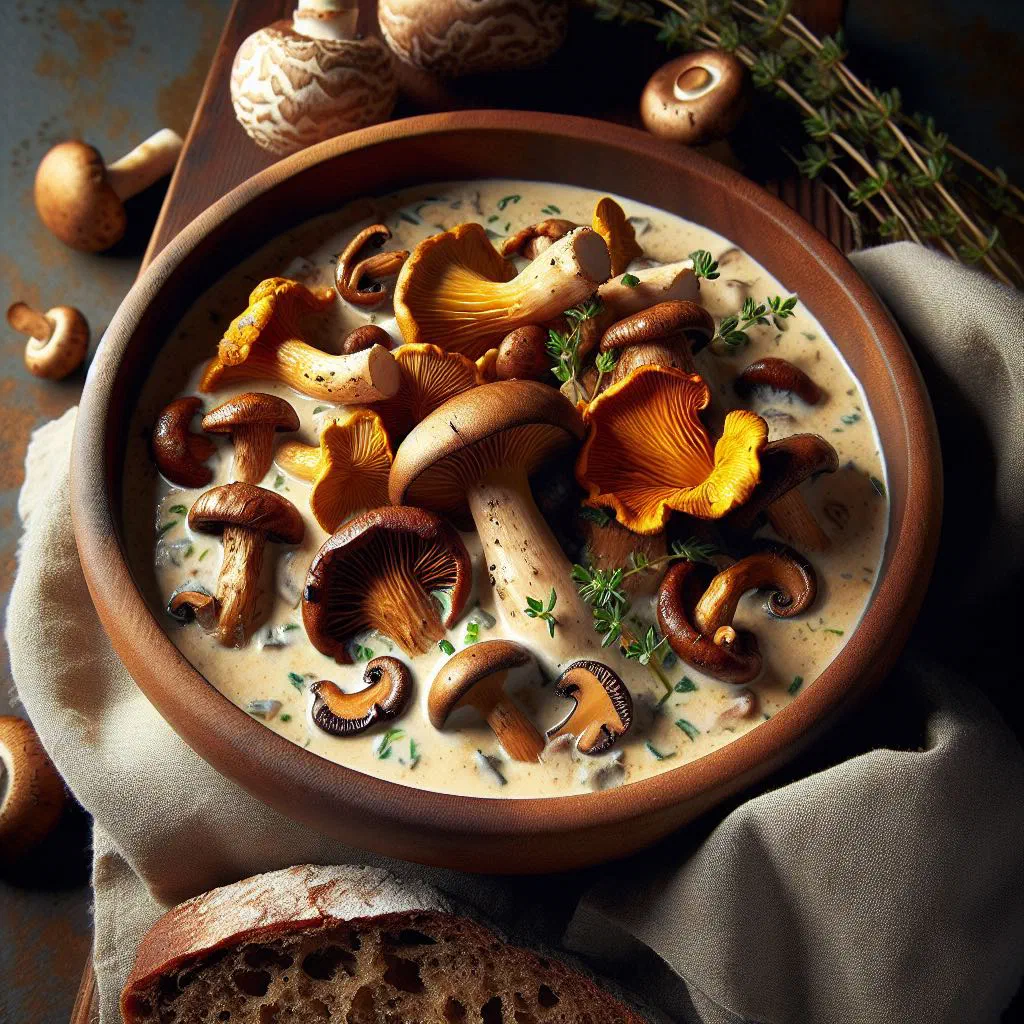 Creamy Norwegian wild mushroom stew garnished with fresh herbs