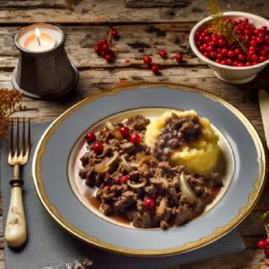Rustic bowl of Norwegian elghakk with tender elk meat, carrots and herbs