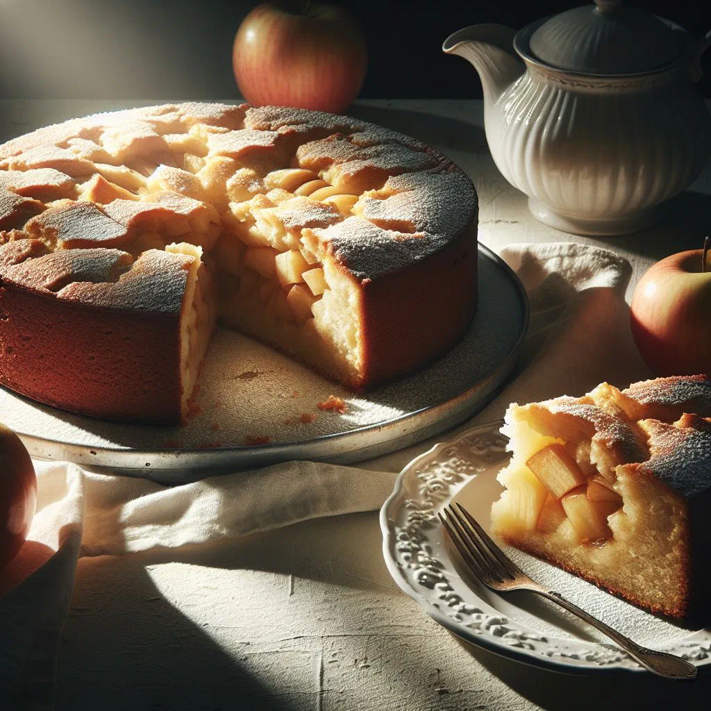 Golden Norwegian apple cake dusted with icing sugar and served in slices