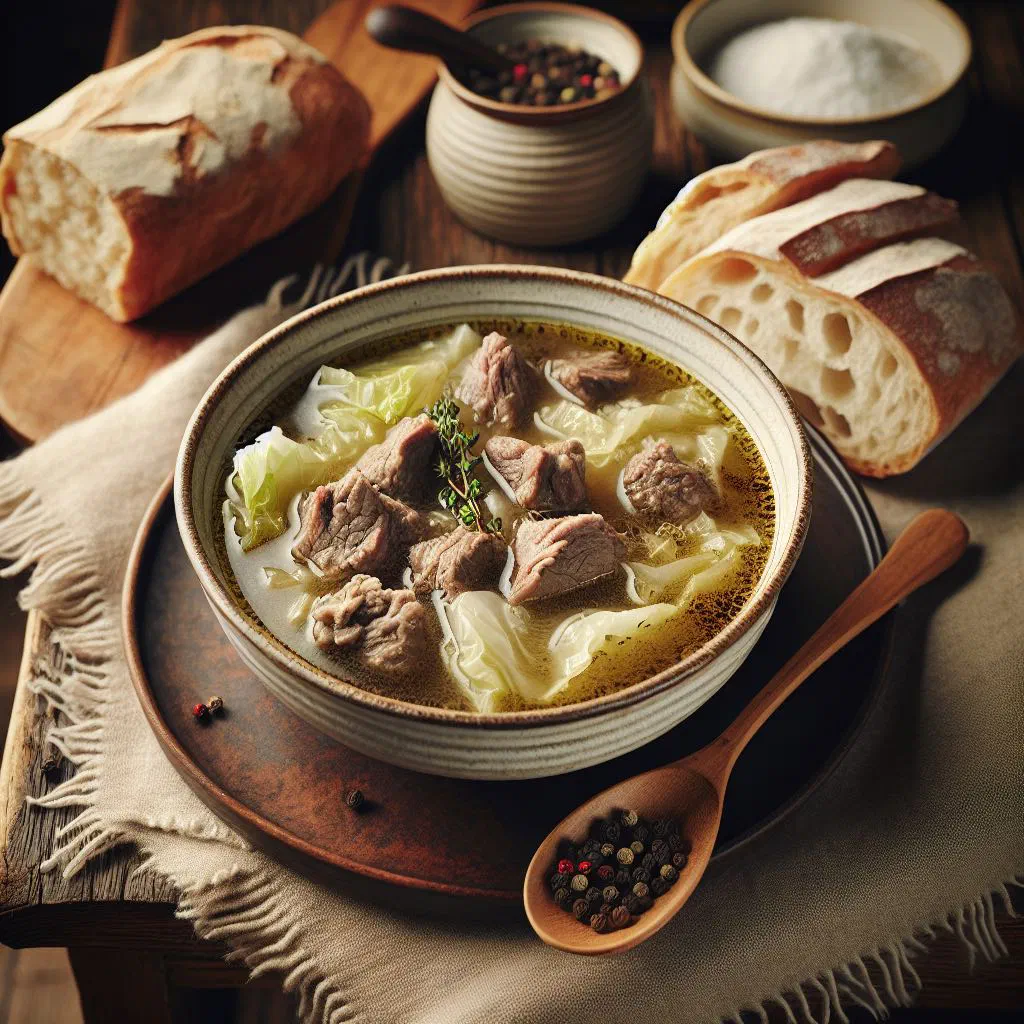 Bowl of Norwegian fårikål soup with lamb, cabbage and potatoes