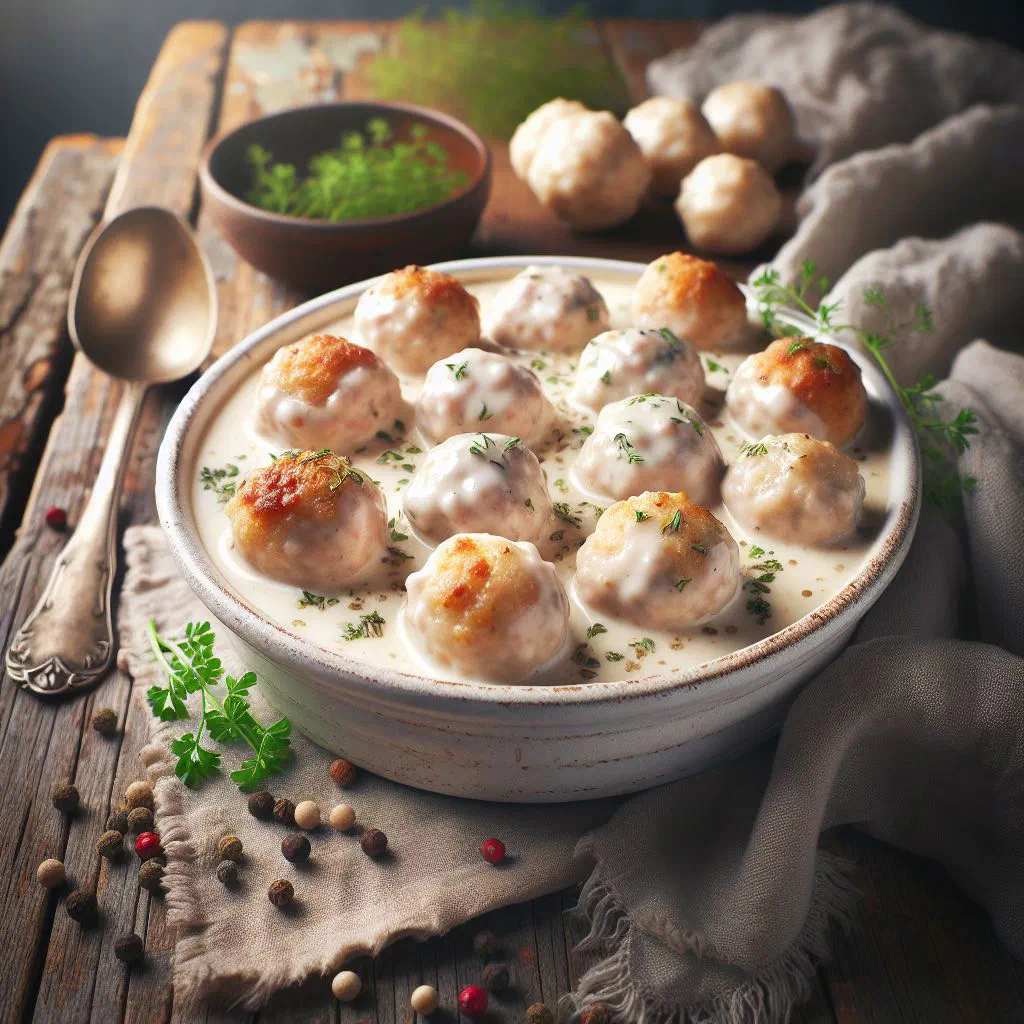 Norwegian fish balls in a creamy white sauce with fresh dill