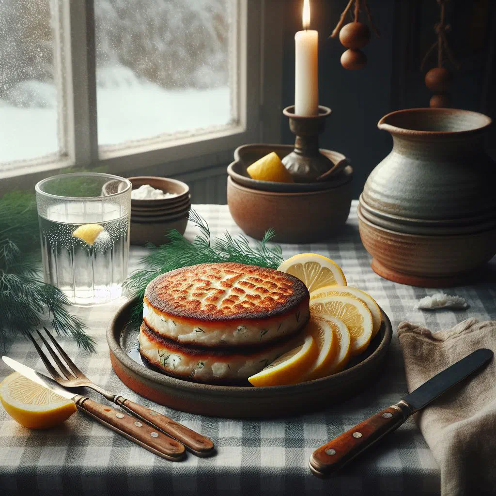 Golden pan-fried Norwegian fish cakes with lemon and fresh dill