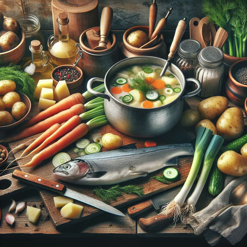 Creamy Norwegian fish soup with vegetables and fresh parsley