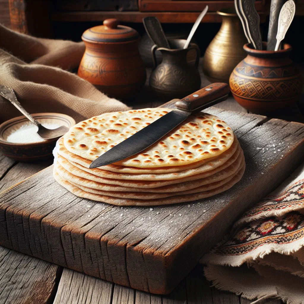 Stacked crisp Norwegian flatbrød on a rustic wooden board