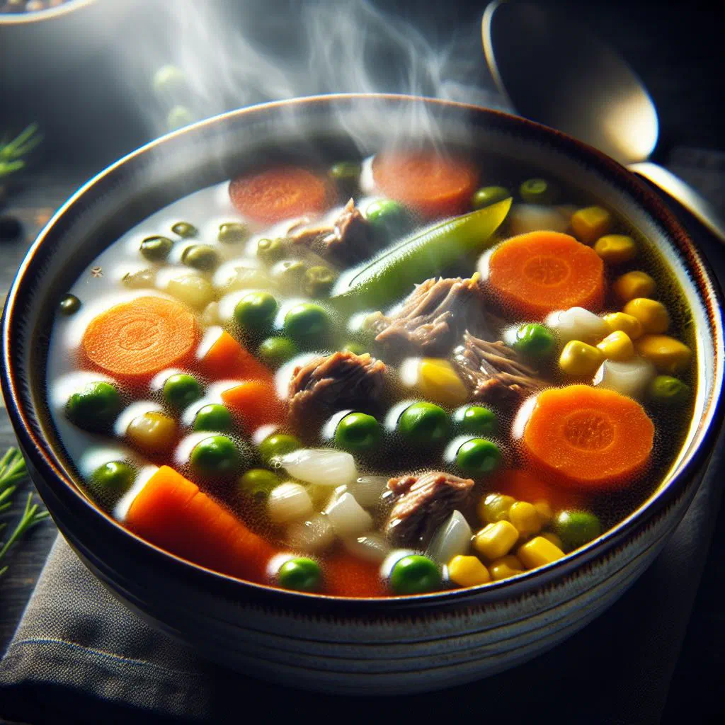 Bowl of Norwegian fresh soup with beef, carrots, potatoes and leek