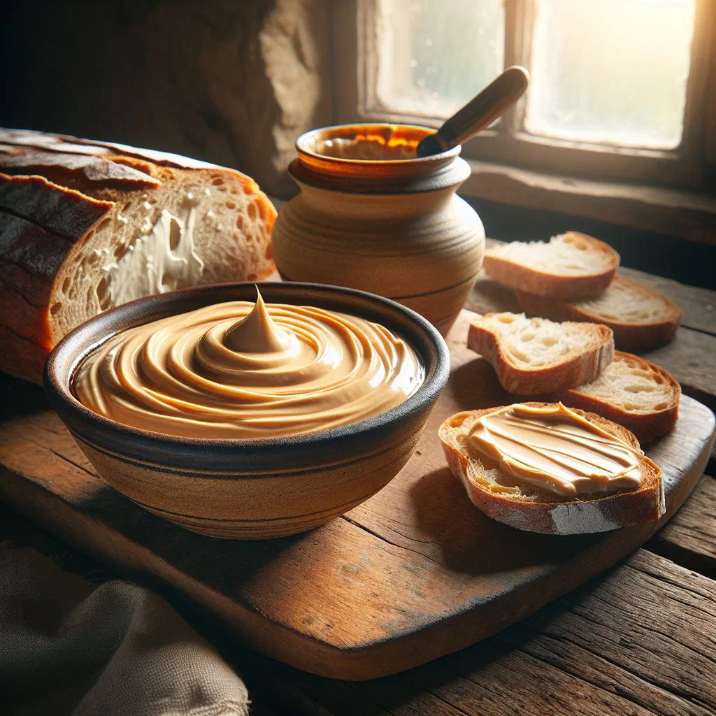Creamy Norwegian geitostkrem cheese spread in a bowl with bread and crackers