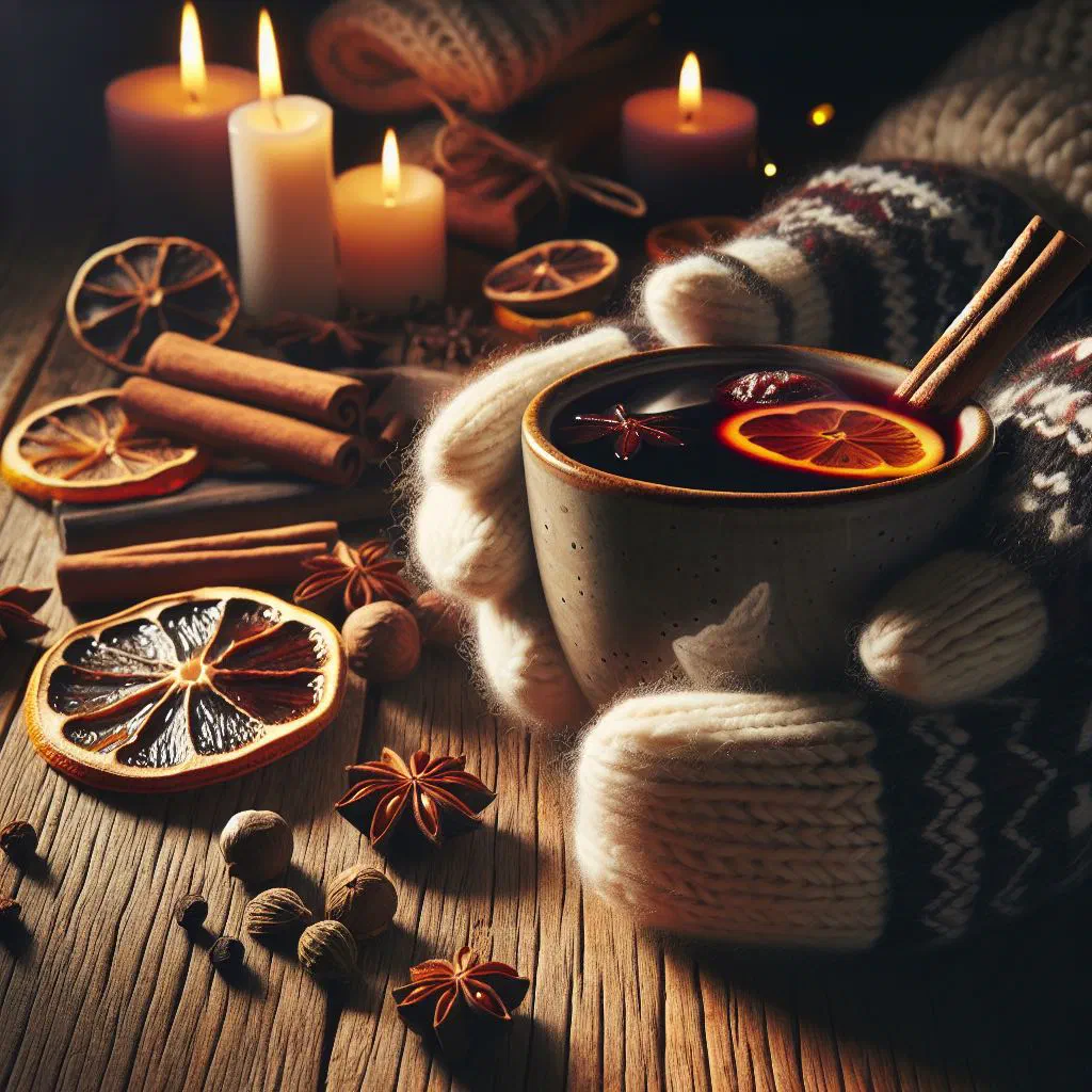 Steaming mugs of Norwegian gløgg garnished with cinnamon sticks, almonds and raisins