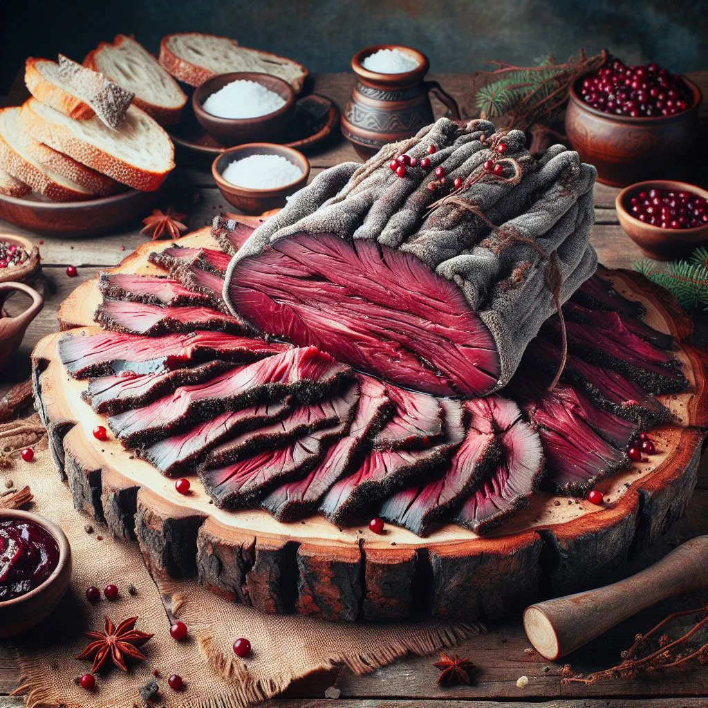 Thinly sliced cured reindeer fillet with dill and mustard sauce on a wooden board
