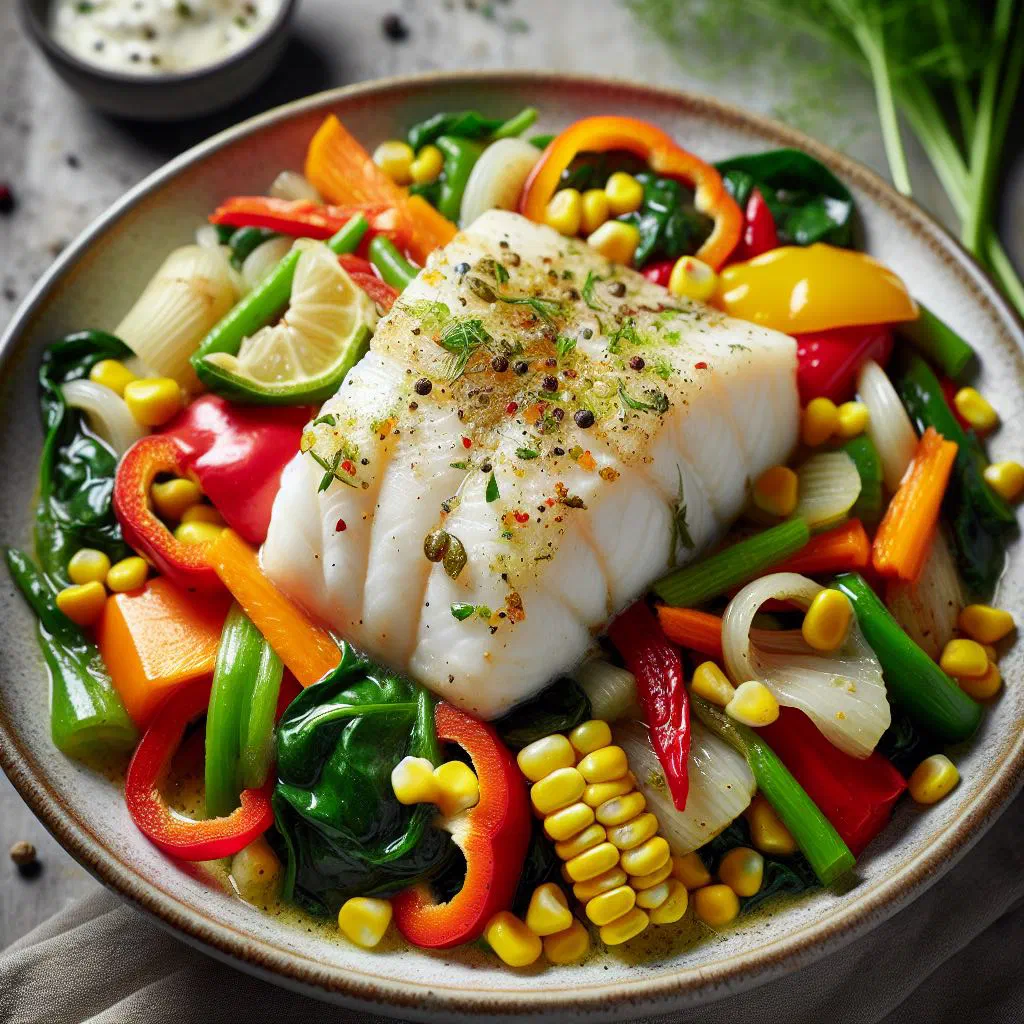 Pan-cooked cod fillet on a bed of colourful diced vegetables with fresh herbs