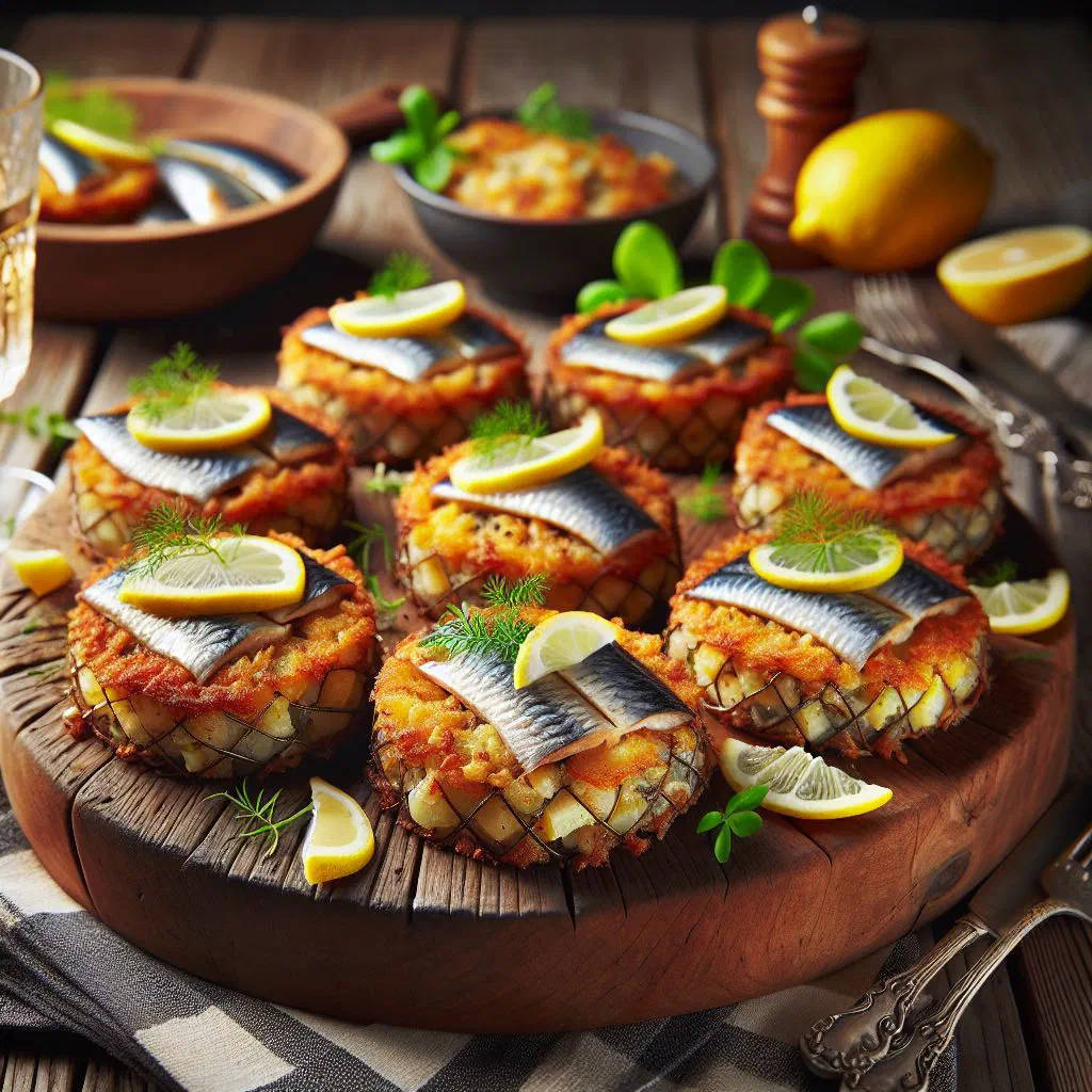 Golden pan-fried Norwegian herring fishcakes garnished with fresh parsley and lemon