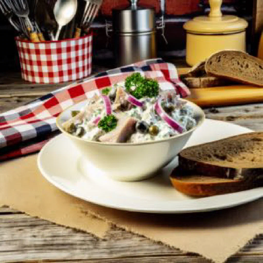Norwegian herring salad with marinated herring, vegetables and fresh dill