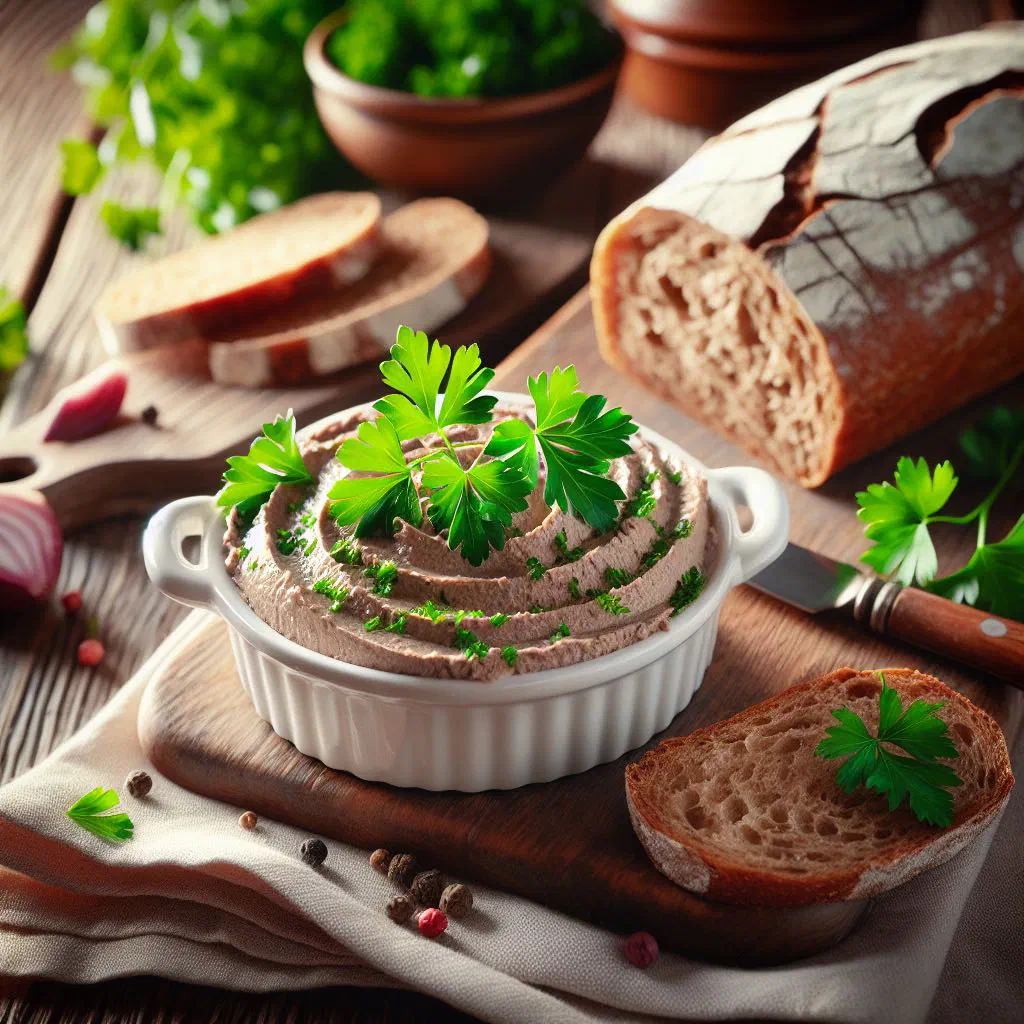 Homemade Norwegian liver pâté in a dish with bread and fresh herbs