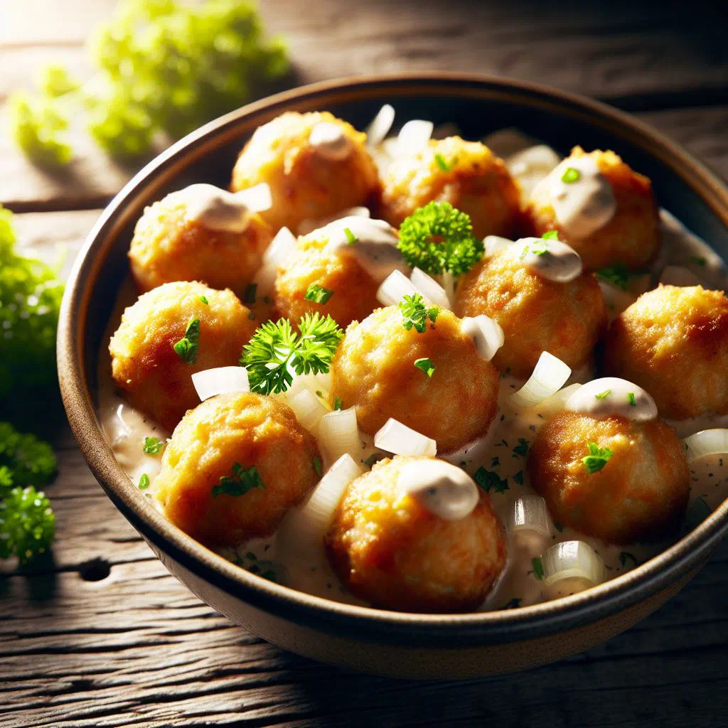 Golden-fried Norwegian salt cod balls served with a creamy sauce and fresh dill