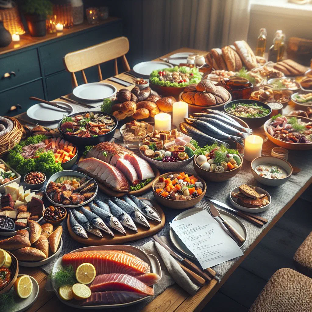 A Norwegian koldtbord platter with cured salmon, herring, cold cuts and bread