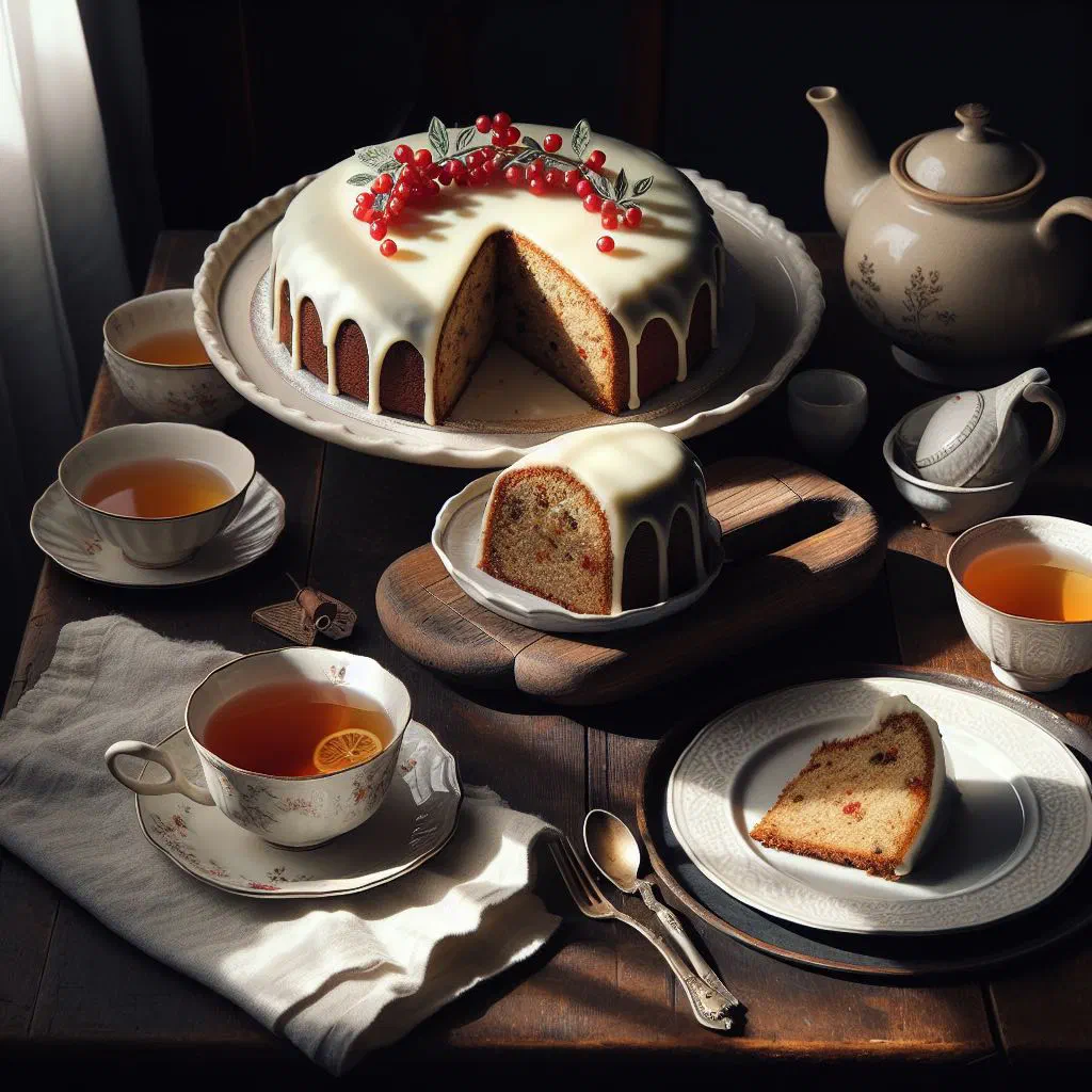 Sliced Norwegian spice cake dusted with icing sugar on a plate