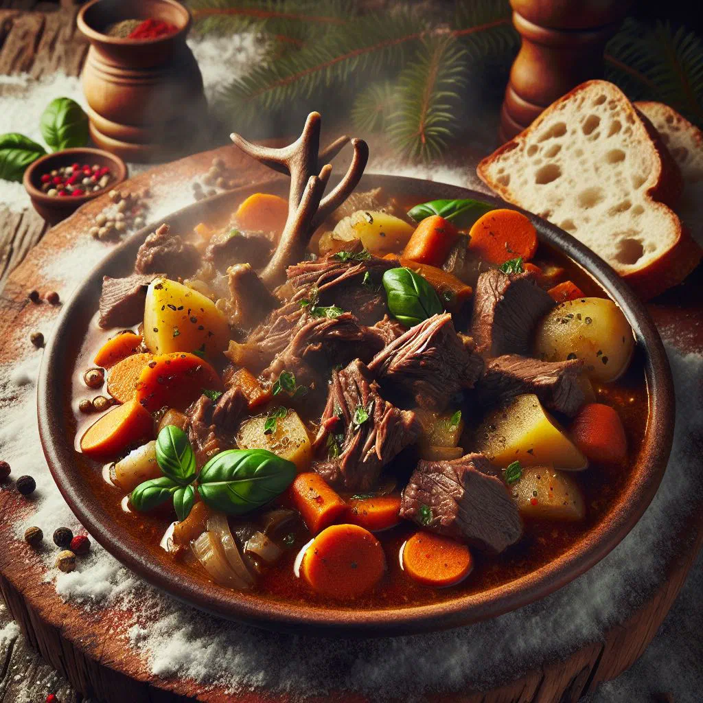 Rustic pot of Norwegian spiced reindeer stew with carrots and potatoes