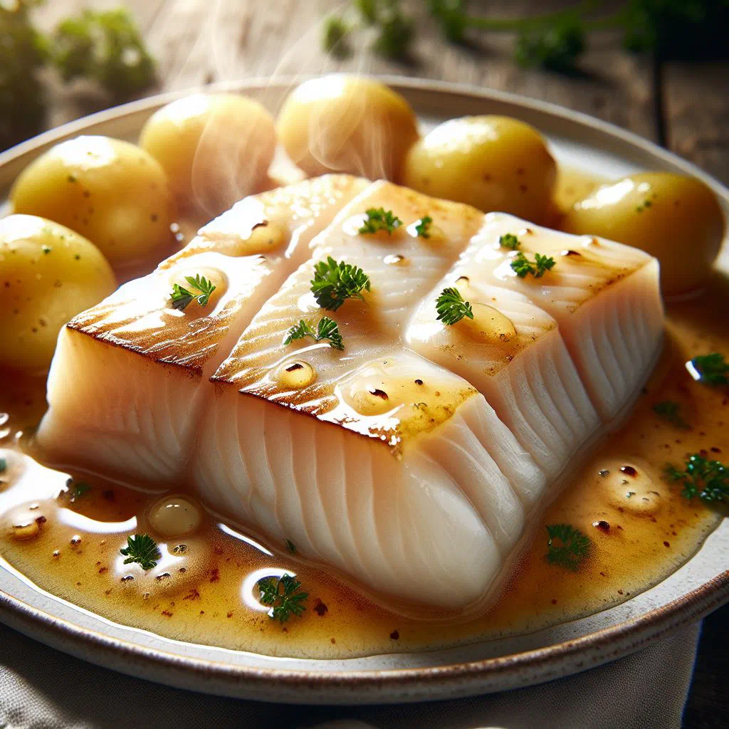 Pan-fried halibut fillet in a creamy butter sauce with fresh dill and lemon