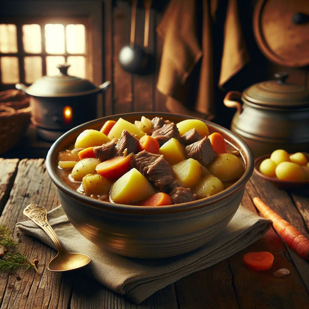 Bowl of Norwegian lapskaus stew with beef, potatoes and carrots