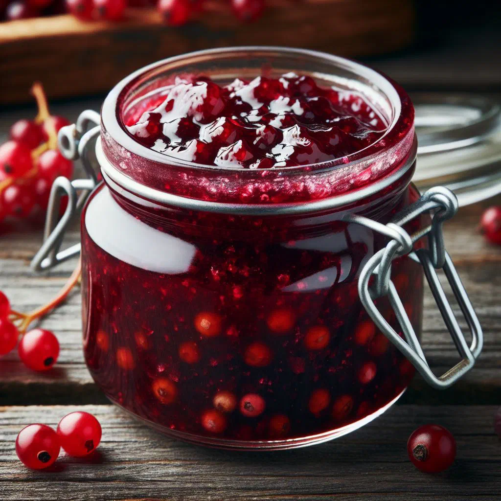 Jar of deep red Norwegian lingonberry jam with fresh berries beside it