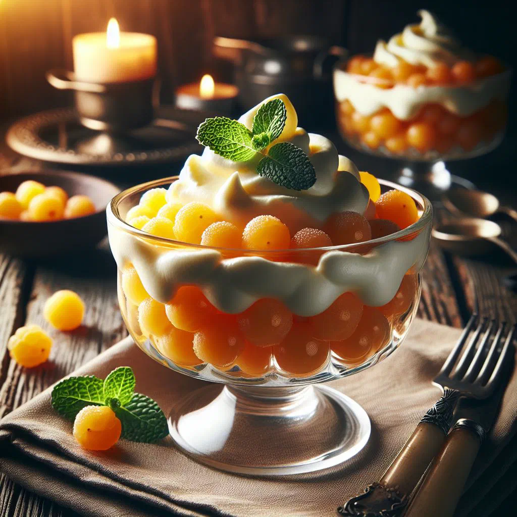 Multekrem in a glass with golden cloudberries and whipped cream