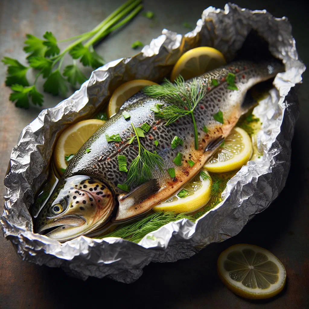 Foil-baked trout fillet with dill, lemon slices and sliced vegetables