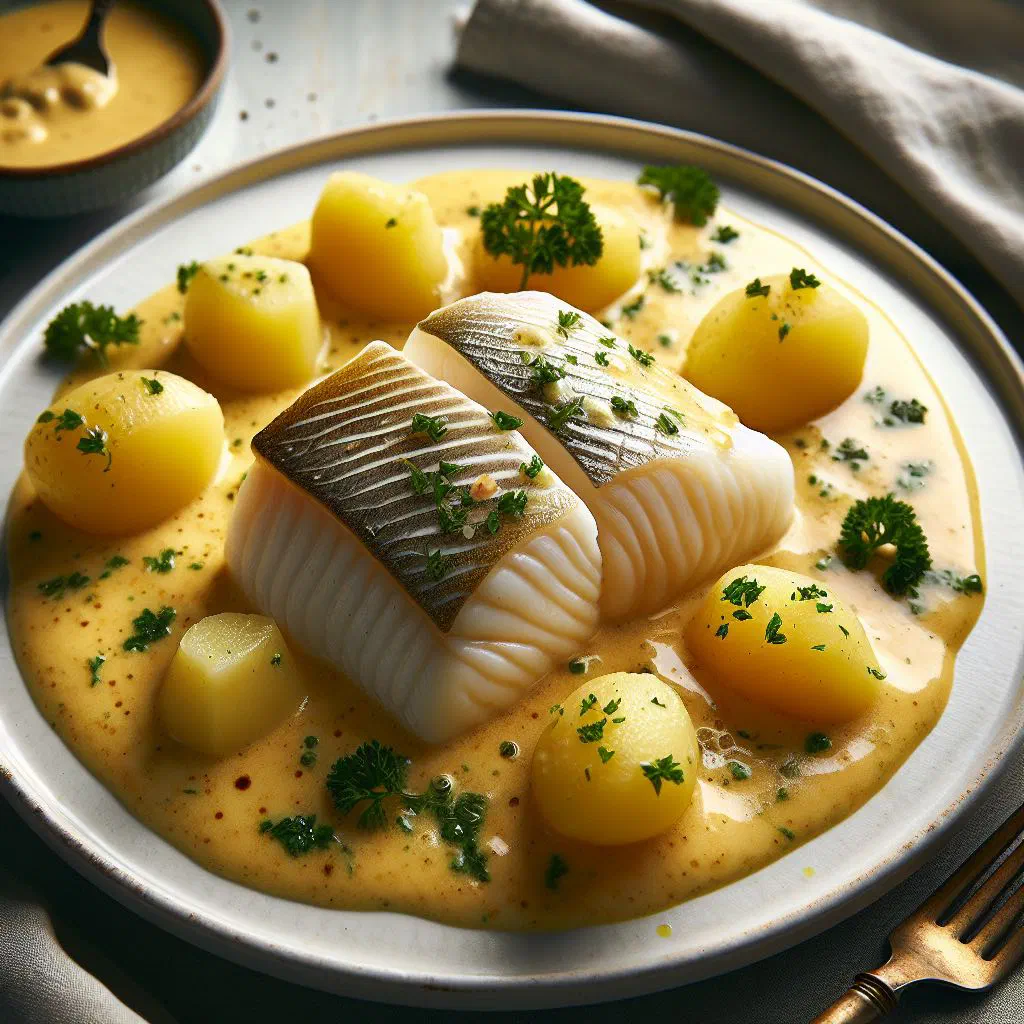 Poached cod fillets coated in creamy Sandefjord butter and garnished with fresh dill