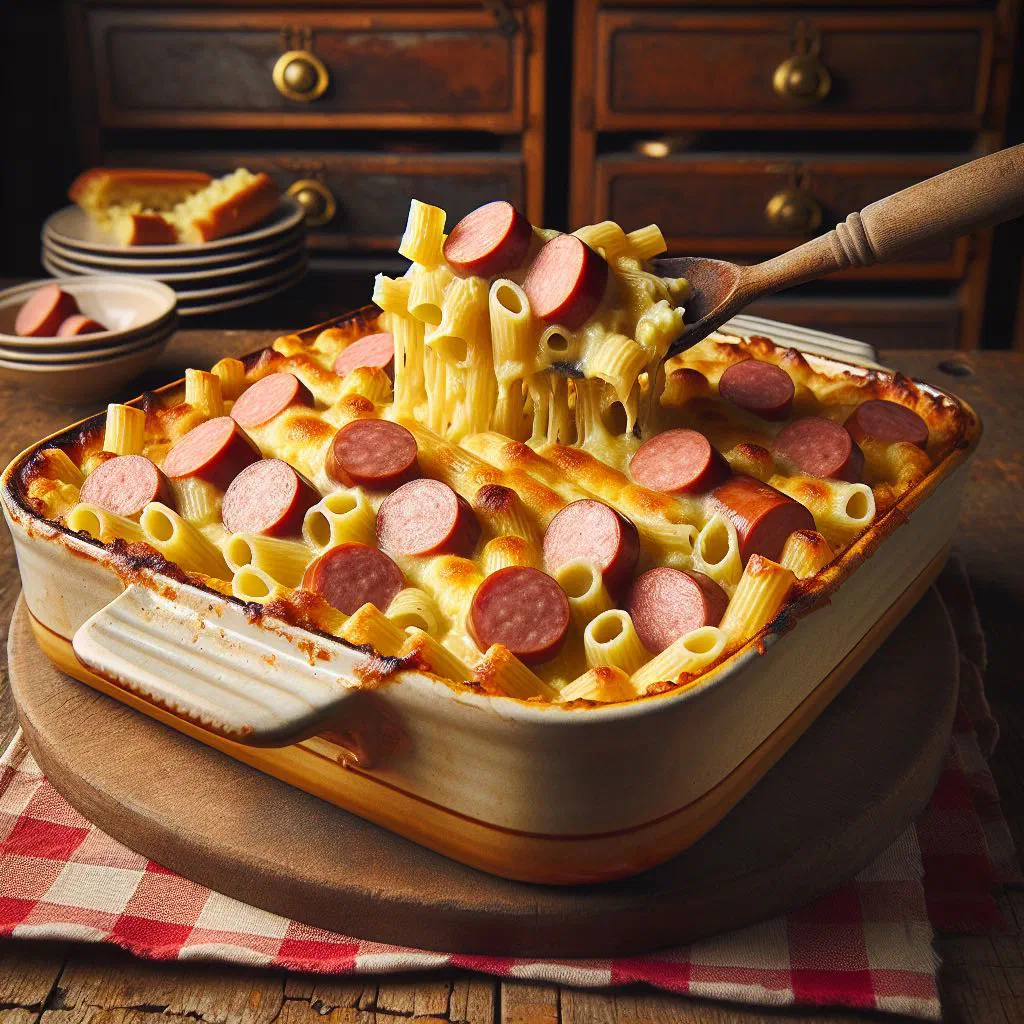 Golden baked Norwegian sausage and potato gratin in a dish