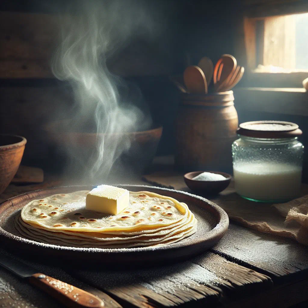 Soft Norwegian potato flatbreads stacked on a plate with butter