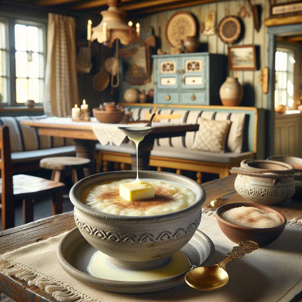 Creamy Norwegian rice porridge topped with cinnamon sugar and a knob of butter