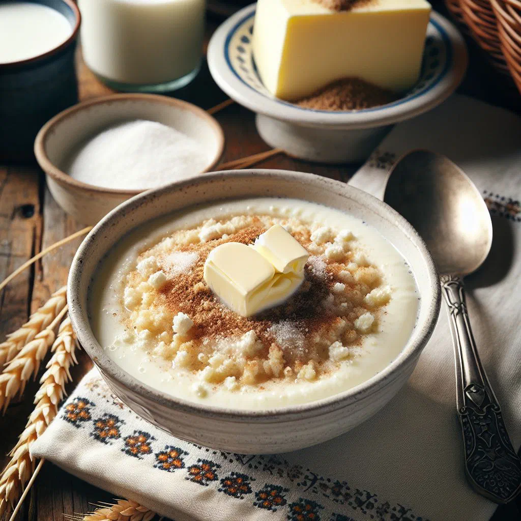 Bowl of creamy Norwegian rømmegrøt topped with cinnamon and sugar