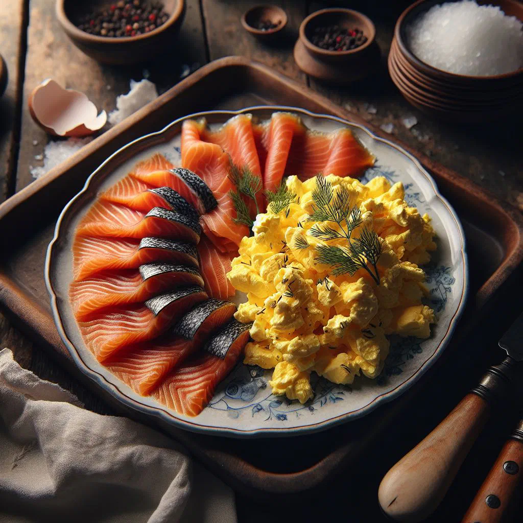 Smoked salmon with creamy scrambled eggs and fresh dill on a plate