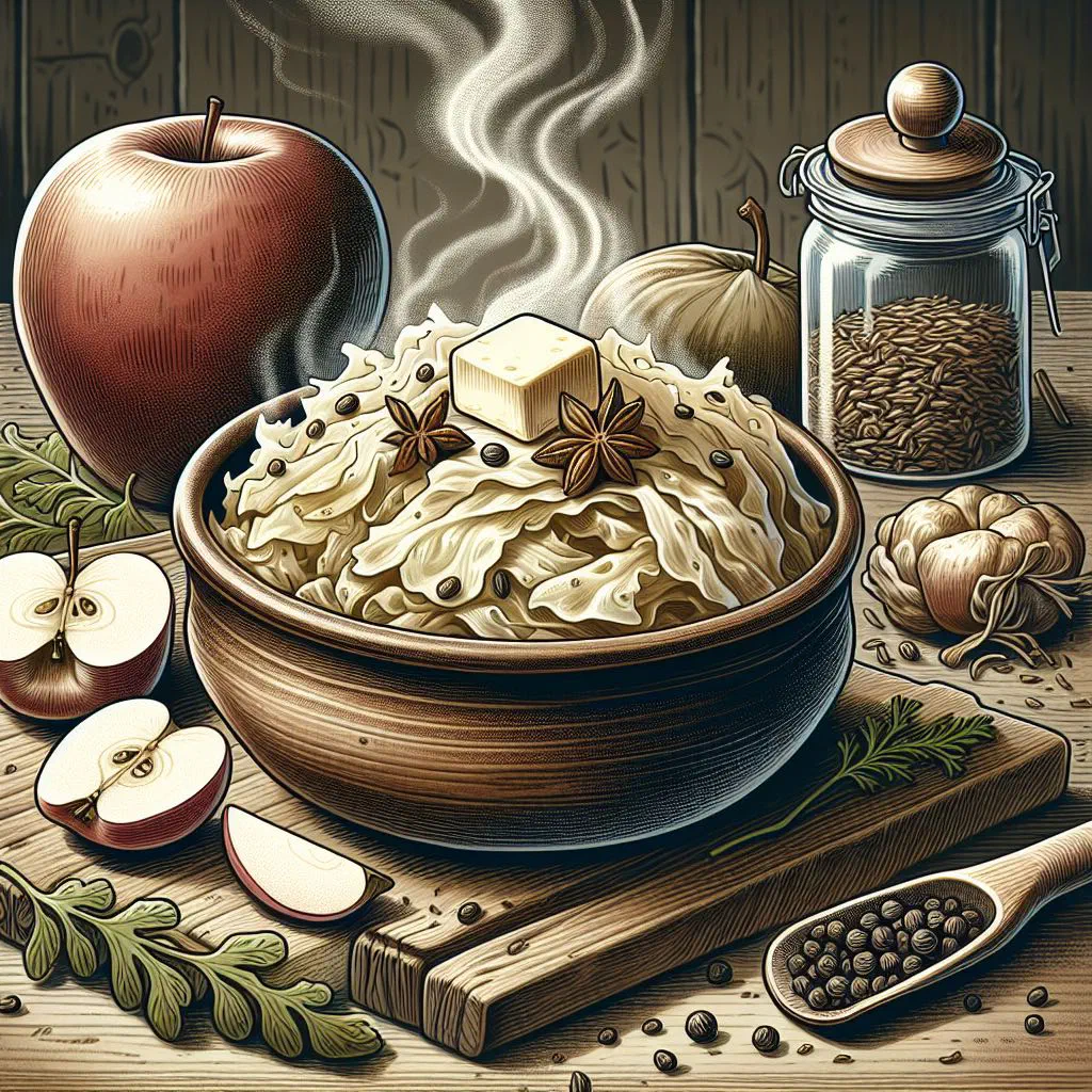 Bowl of Norwegian surkål, braised white cabbage with apple and caraway