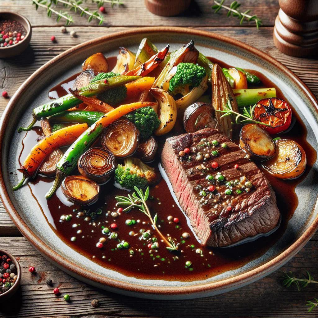 Sliced roast reindeer with root vegetables and lingonberries