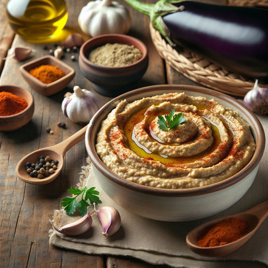 Smoky baba ghanoush drizzled with olive oil and garnished with parsley