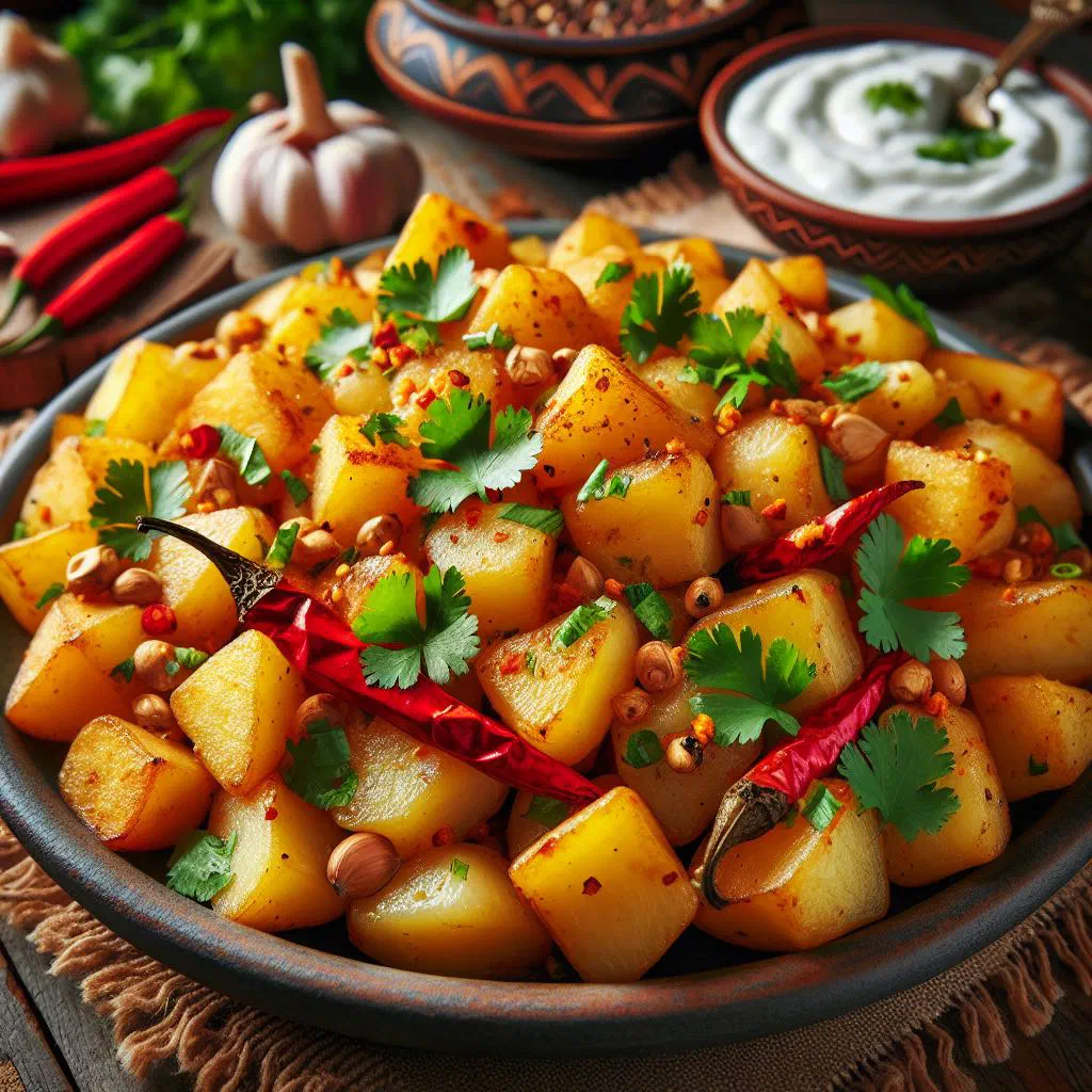 Crispy spiced potato cubes tossed with garlic and fresh parsley