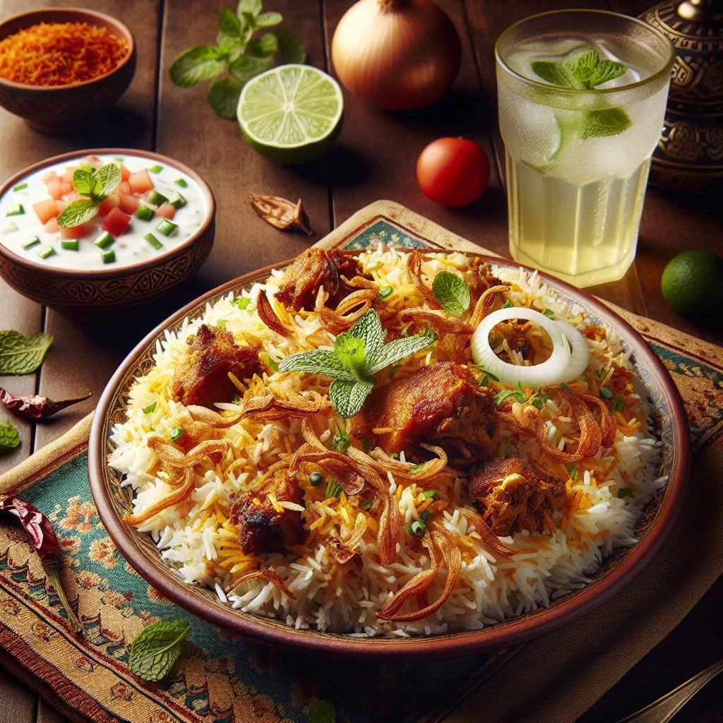 Fragrant Omani biryani with spiced rice, tender meat and fresh herbs