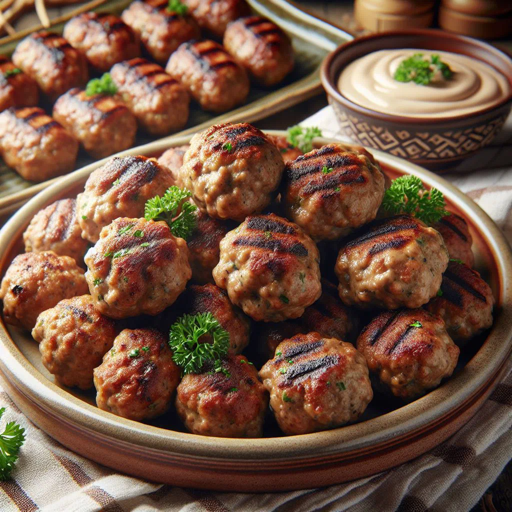 Golden-browned chicken kofta balls served with flatbread and yoghurt