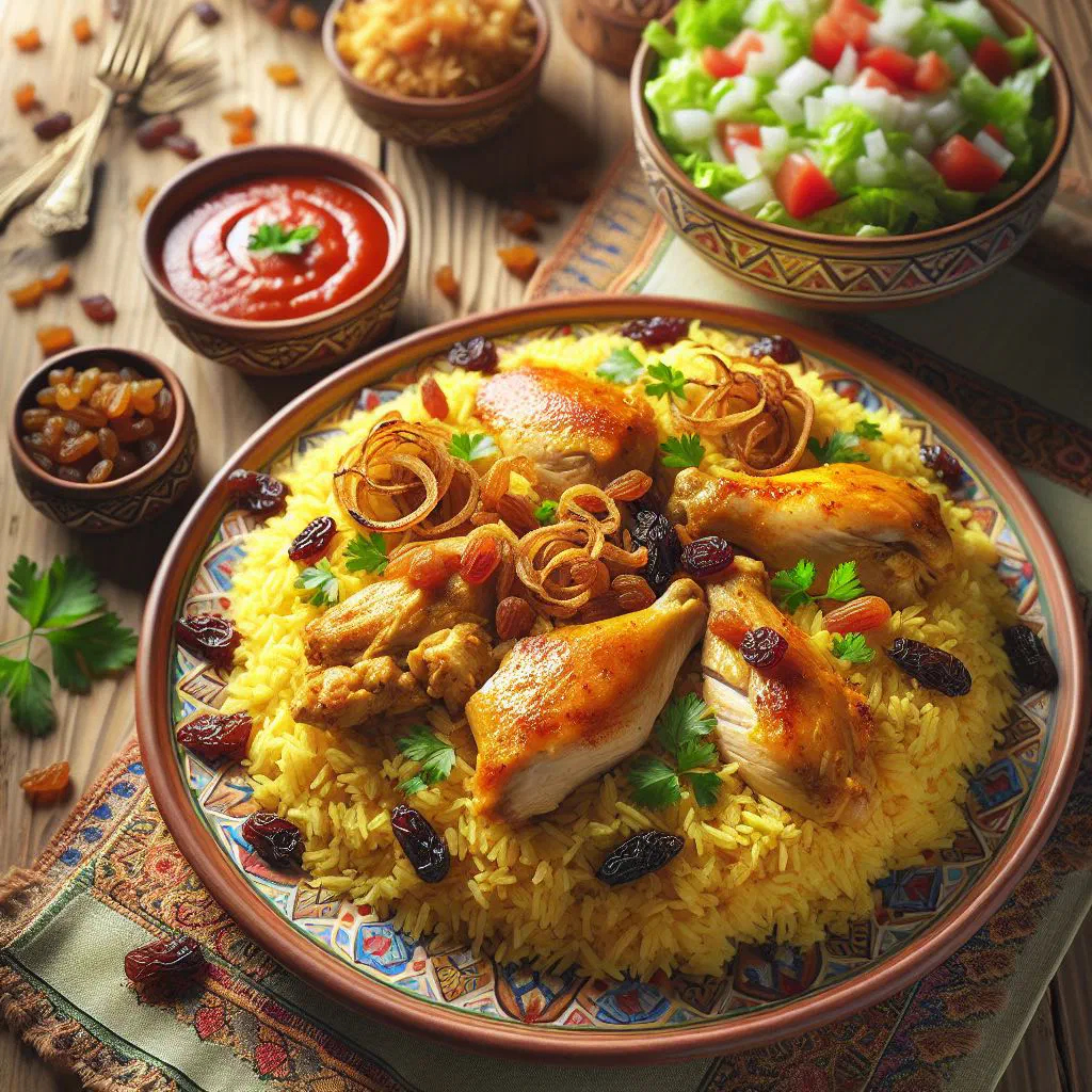 Chicken majboos with spiced basmati rice garnished with fresh herbs