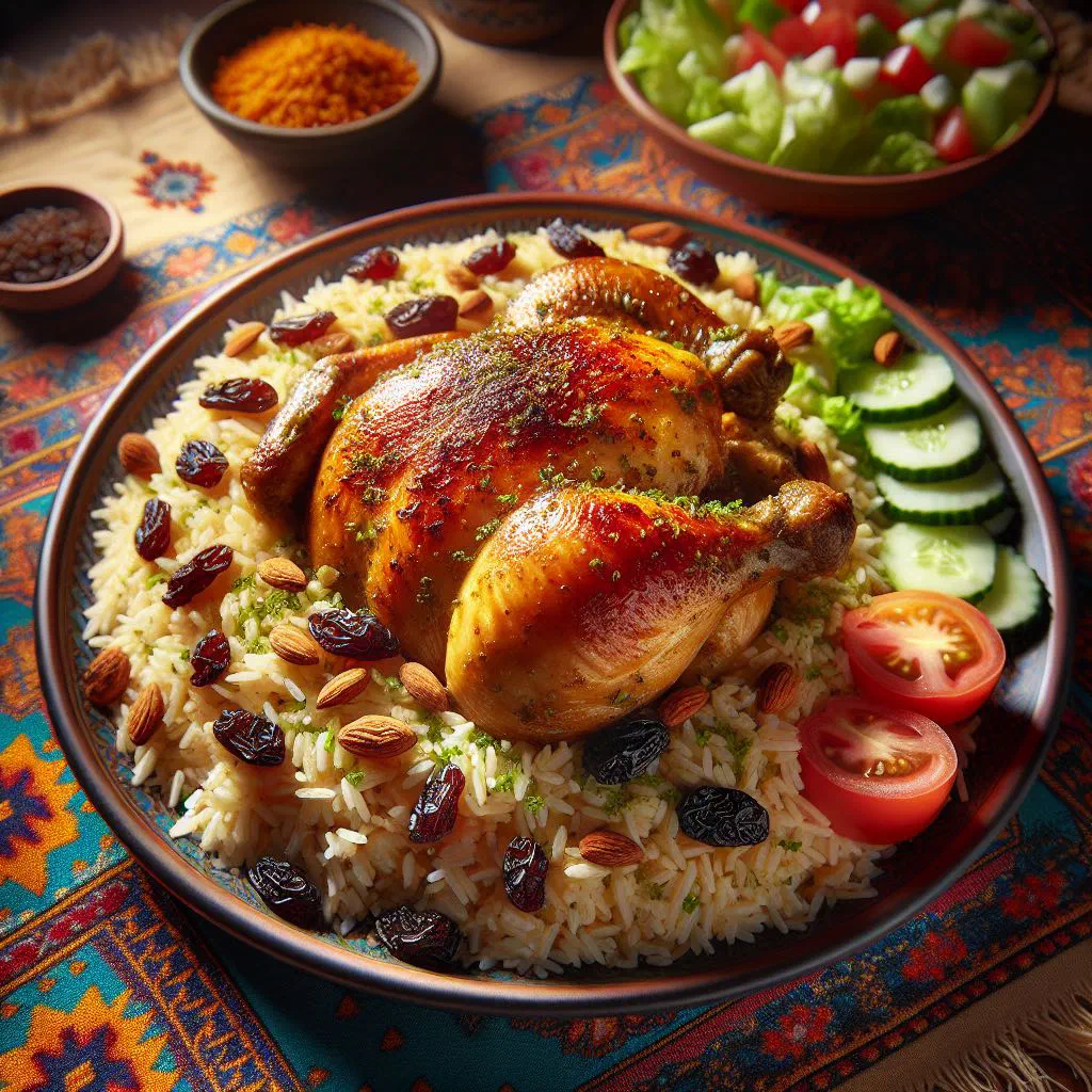 Chicken mandi with saffron-tinted basmati rice on a large platter