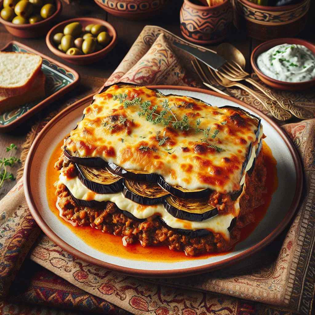 Baked eggplant moussaka in a dish topped with tomato sauce and parsley